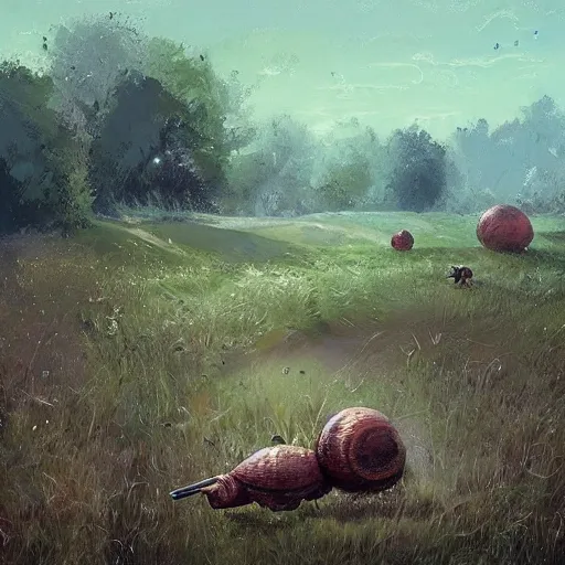 Image similar to tiny mouse riding a large snail across a field, painting by ismail inceoglu,