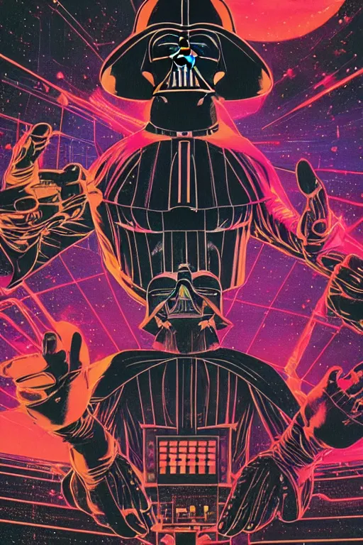 Image similar to closeup potrait of darth vader dj standing on a giant science fiction neon turntable at a astronaut rave, anti gravity, digital art, winning award masterpiece, fantastically beautiful, intricate, illustration, dan mumford, geof darrow, moebius, 8 k, octane, symmetrical