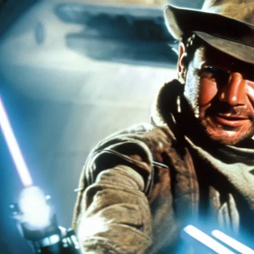 Prompt: indiana jones piloting the millennium falcon in star wars