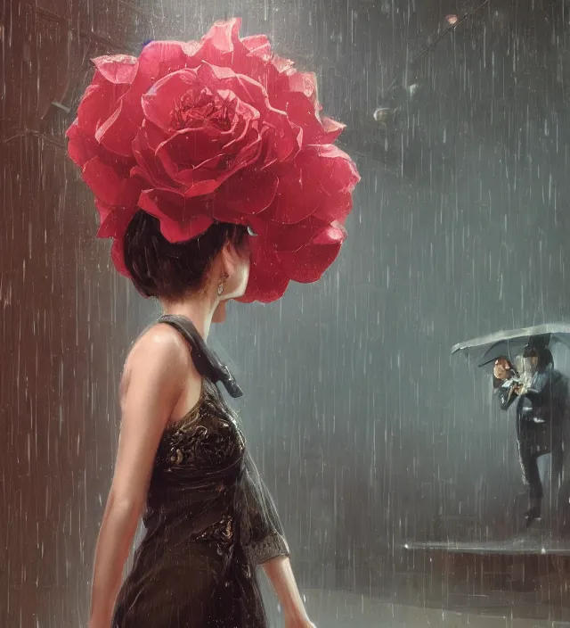 Prompt: an anthropomorphic rose watching it rains, fine details, night setting, realistic shaded lighting poster by ilya kuvshinov, katsuhiro, artgerm, jeremy lipkin, michael garmash, nixeu, unreal engine 5, radiant light, detailed and intricate environment