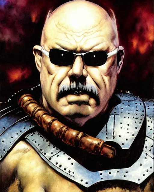 Image similar to portrait of a skinny punk goth wilford brimley wearing armor by simon bisley, john blance, frank frazetta, fantasy, thief warrior