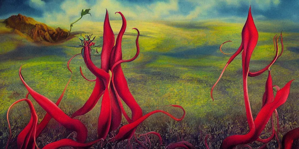 Image similar to surreal painting of a carnibora plant in a beautiful landscape