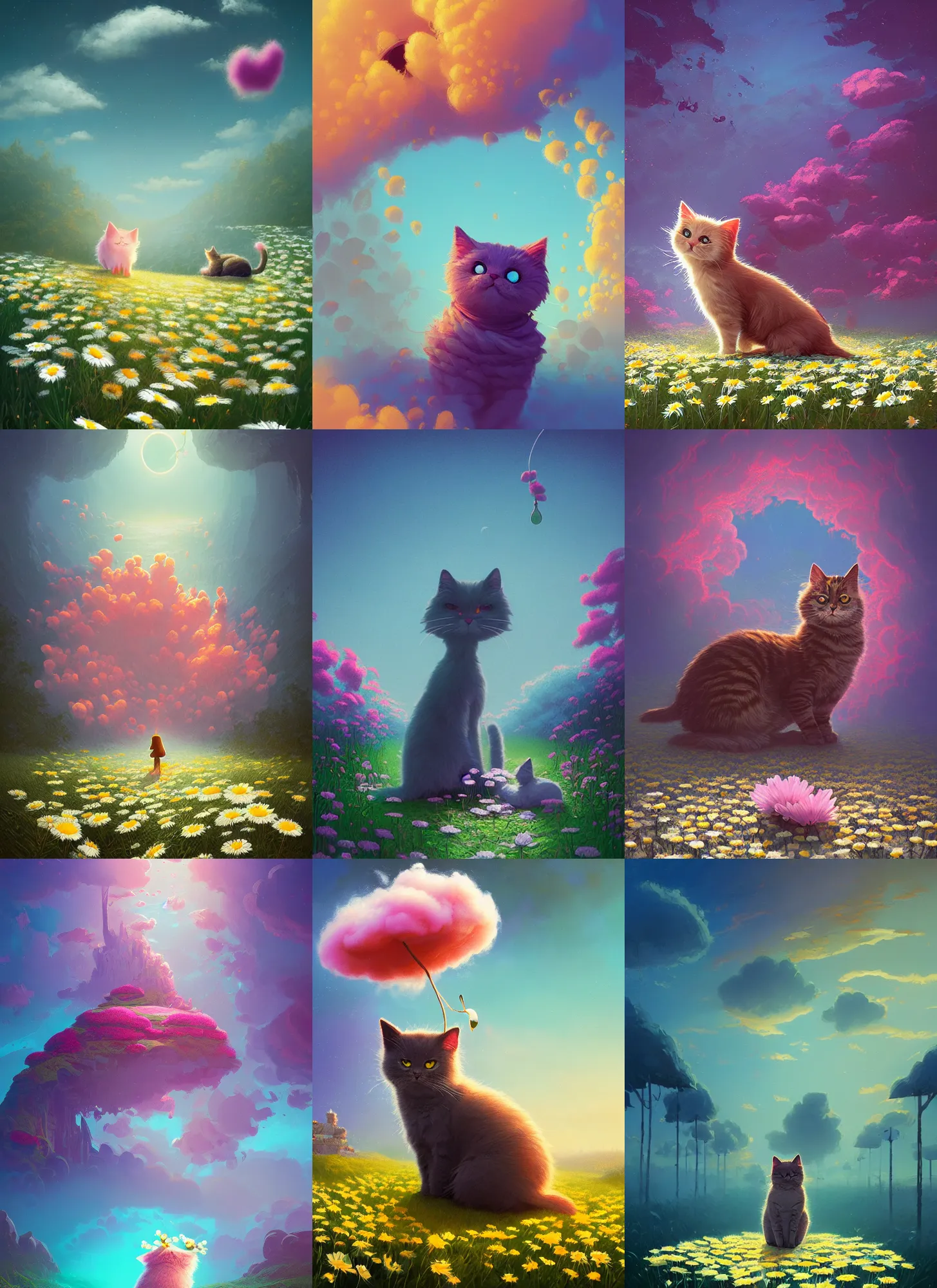 Prompt: a waiting kitty made of daisies, cotton candy, Alena Aenami, Petros Afshar, Noah Bradley, Anton Fadeev, Anato Finnstark, Steve Henderson, Filip Hodas, Mark Keathley, Thomas Kinkade, Phil Koch, Gilbert Williams, Mike Winkelmann, Beeple