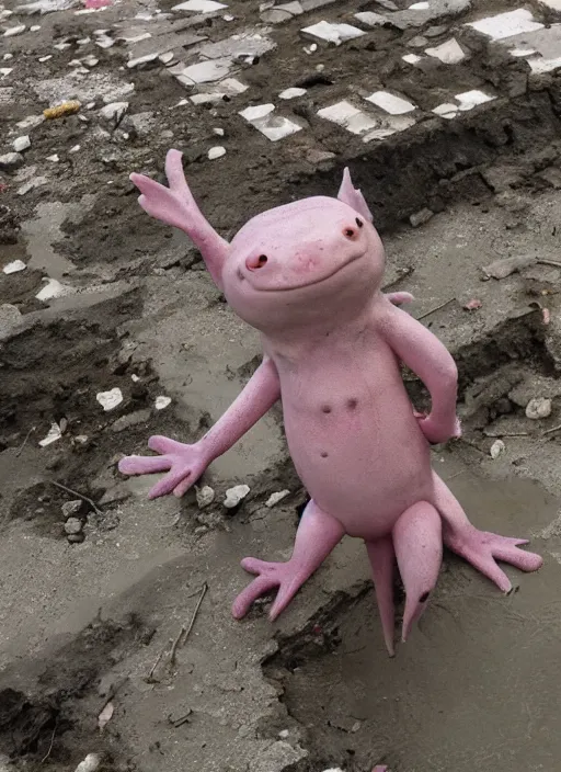 Image similar to humanistic anthropomorphic female axolotl exploring the ruins of chernobyl wasteland