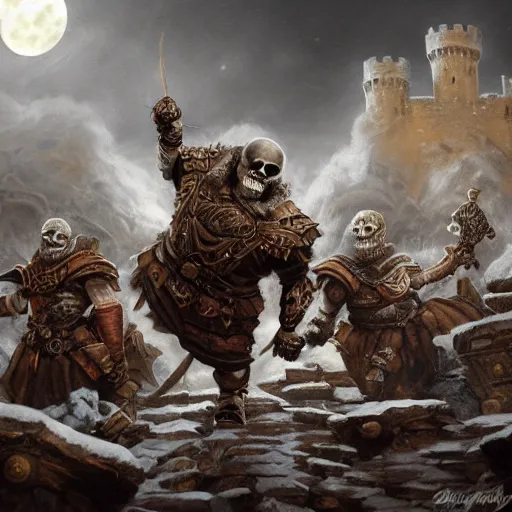 Image similar to danny devito as a dwarf fighting skeleton warriors, dramatic light, castle background, clouds, arctic, snow moon, storm, night, high detail, fantasy background, painted by stanley lau, painted by greg rutkowski, painted by stanley artgerm, digital art, trending on artstation