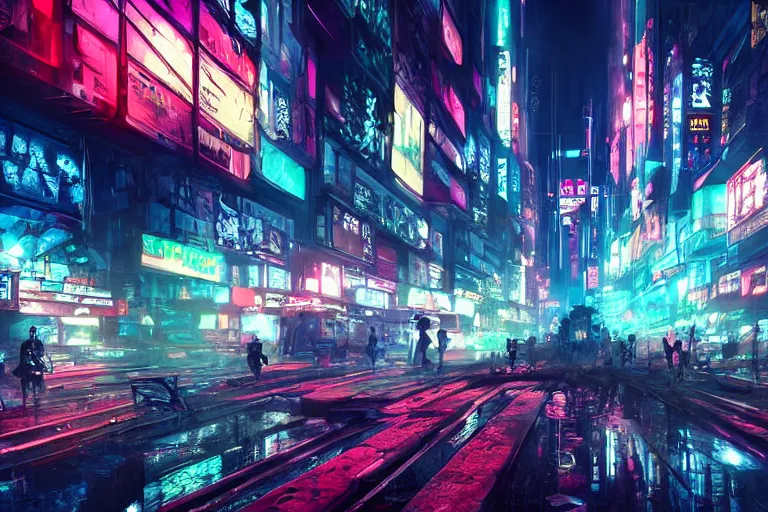 Prompt: a dystopian cyberpunk city with to much neon light, a large tv in the middle of the city, anime, 4k, super wide angle, PS5 graphic, digital art, trending on artstation