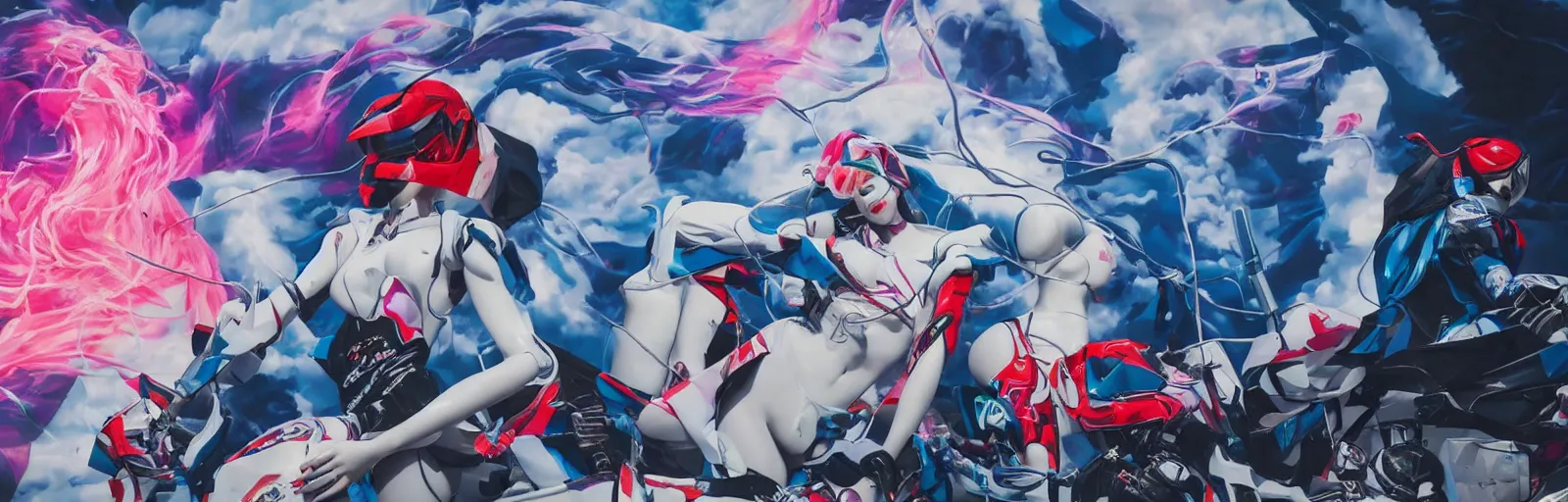 Image similar to billboard advertisement with an extremely beautiful photo of a white marble statue of an anime girl with colorful motocross logos and motorcycle helmet with closed visor, colorful smoke in the background, carved marble statue, fine art, neon genesis evangelion, virgil abloh, offwhite, denoise, highly detailed, 8 k, hyperreal