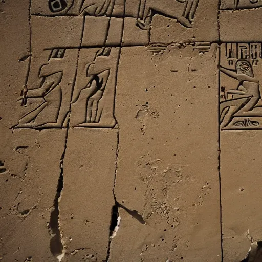 Prompt: Egyptian symbols, ancient, on a cracked wall.