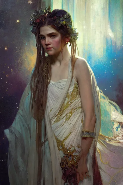 Image similar to hyperrealist portrait of a girl emperorit is decorated with long robes that fall like stars. by jeremy mann and alphonse mucha, fantasy art, photo realistic, dynamic lighting, artstation, poster, volumetric lighting, very detailed faces, 4 k, award winning