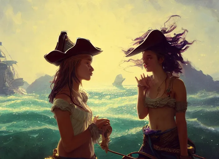 Prompt: wide view picture of a pirate girl, looking at the treasure box, hard breathing, messy hair, very excited, sparkling eyes, magic and fantasy, whale monsters, beautiful and aesthetic and attractive and highly detailed face, specular reflection, occlusion shadow, intricate, bokeh, masterpiece, by ilya kuvshinov and jeremy lipking and quentin mabille