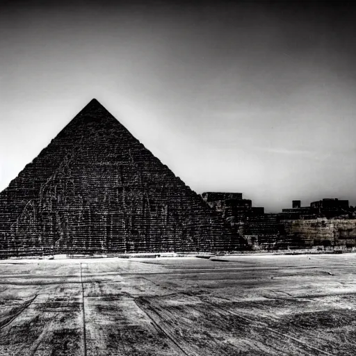 Image similar to gigantic concrete pyramid in the background, all seeing eye, haunting desolation, post apocalyptic, abandoned city