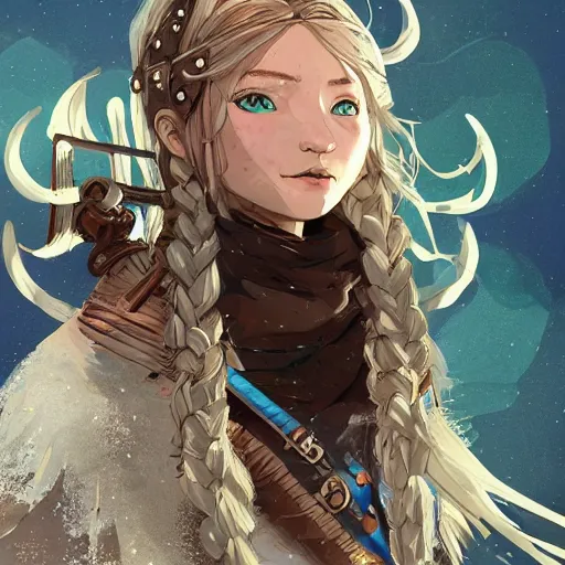 Prompt: highly detailed portrait of a pretty frostpunk viking warrior lady with wavy blonde hair, by Dustin Nguyen, Akihiko Yoshida, Greg Tocchini, Greg Rutkowski, Cliff Chiang, 4k resolution, nier:automata inspired, bravely default inspired, vibrant but dreary northern lights technicolor color scheme!!! ((Ice and snow covered background))