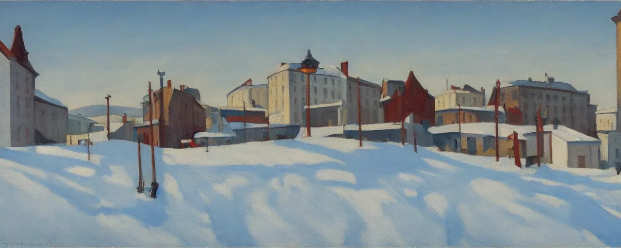 Prompt: an edward hopper style painting of a ( ( ( ( ( ( ( ( small town csorna ) ) ) ) ) ) ) ) in hungary, winter of 1 9 5 5