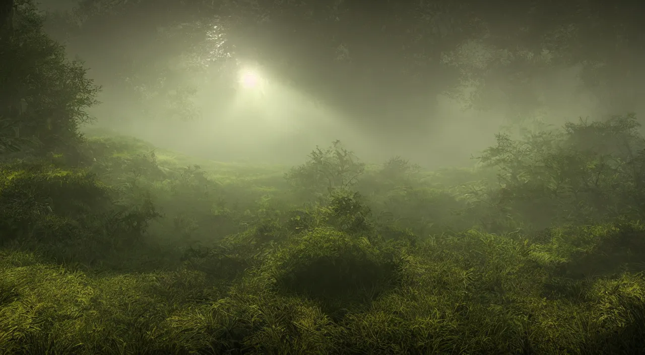 Image similar to photorealistic misty moors overgrowth undergrowth jagged rock features volumetric fog light rays high contrast dawn