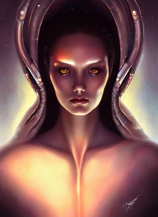 Image similar to a beautiful alien woman with sapphire skin, painted by artgerm and tom bagshaw, fantasy art, dramatic lighting, highly detailed oil painting