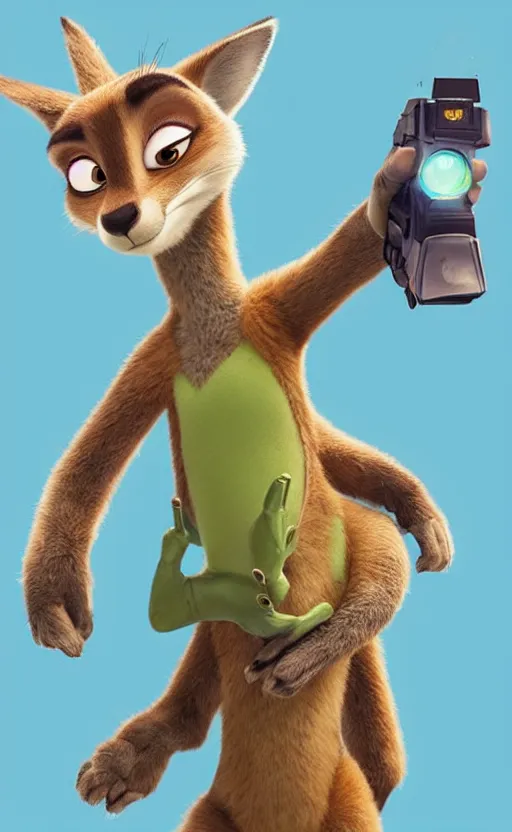 Image similar to “kangaroo in the style of the movie zootopia holding a laser gun and pointing it at the the camera”