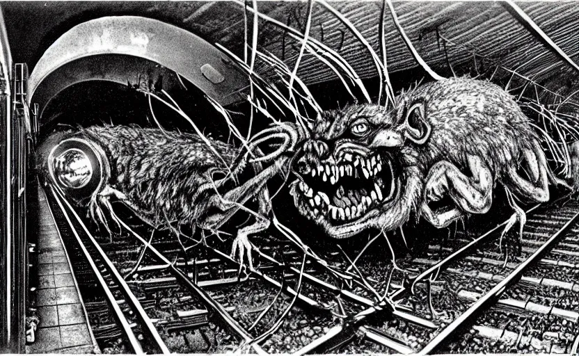 Prompt: very large giant mutant zombie irradiated ( angry rat ) staying on railways in tonnel of moscow subway. tonnel, railways, giant angry rat, furr, fangs, claws, very realistic. extreme long shot, herman nitsch and herman nitsch, giger.