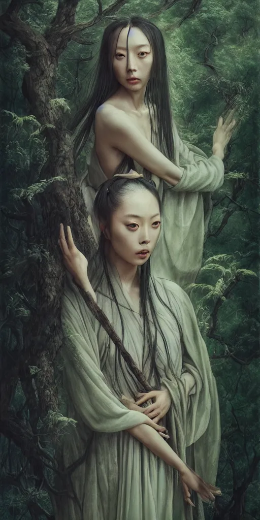 Image similar to wuxia, forest, moonlight, gemma chen, madison beer, angela sarafyan, pinup, intricate beautiful faces, surrealistic painting by agostino arrivabene, vanessa beecroft, anka zhuravleva, mary jane ansell, peter mohbacher, gerald brom