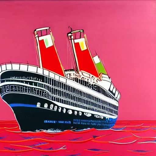 Image similar to A giant squid destroying a cruise ship in the middle of the ocean, oil painting by Andy Warhol