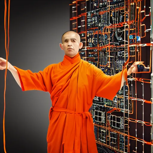 Image similar to techno monk in orange robes with wires and circuit boards coming out of his face