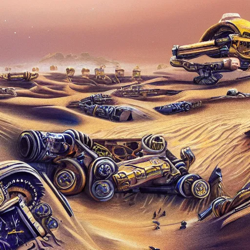 Prompt: painting of a sand landscape, futuristic, buried wreckage of steampunk robots, oasis, 4 k, desolation