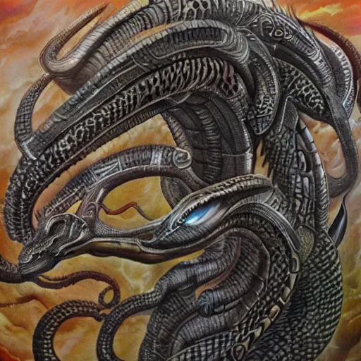 Image similar to naga serpent god, giger airbrush painting, highly detailed, intricate, beautiful craftsmanship,