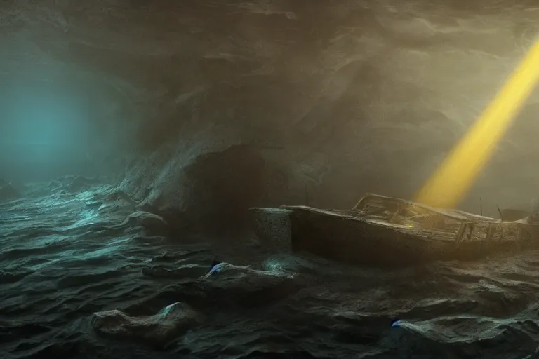 Prompt: a shipwreck on the seafloor in the depths of the ocean, volumetric sun rays, atmospheric immersive painting