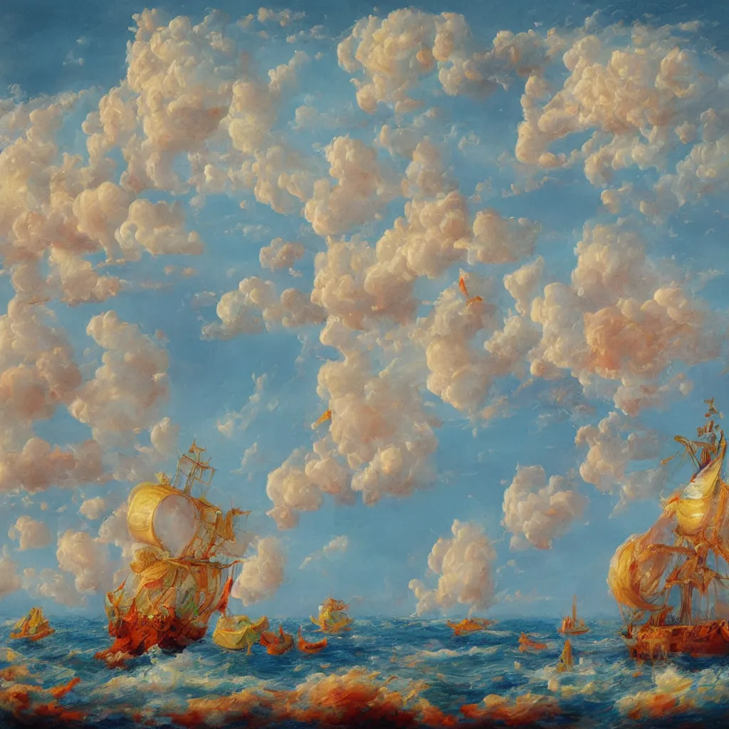 Image similar to 3d high relief painting of sea like jelly,Rainbow clouds like sheeps floating lightly in the air, Sailing ship,dreamy, soft , highly detailed, expressive impressionist style,in the style of William Schneider