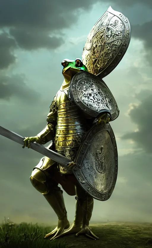 Image similar to a frog, dressed as a knight, holding a large shield, battle armor, atmospheric lighting painted intricate volumetric lighting, beautiful, sharp focus, ultra detailed, sharp, mindblowing, 4 k uhd, 8 k