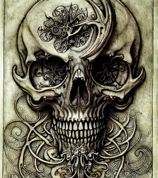 Image similar to memento mori by arthur rackham, art forms of nature by ernst haeckel, exquisitely detailed, art nouveau, gothic, ornately carved beautiful skull dominant, intricately carved antique bone, art nouveau botanicals, ornamental bone carvings, art forms of nature by ernst haeckel, horizontal symmetry, arthur rackham, ernst haeckel