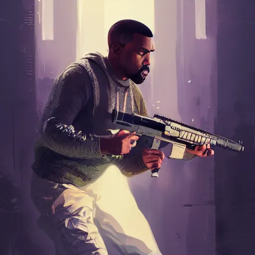 Image similar to highly detailed portrait kanye west holding pistol! gta v stephen bliss unreal engine fantasy art by greg rutkowski loish rhads ferdinand knab makoto shinkai lois van baarle ilya kuvshinov rossdraws tom bagshaw global illumination radiant light detailed intricate environment