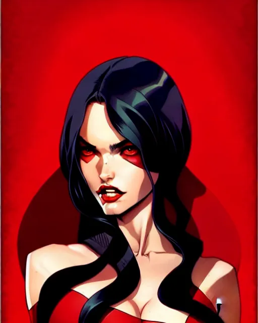 Image similar to artgerm, joshua middleton comic cover art, full body pretty megan fox vampire sharp teeth, red dress, symmetrical eyes, symmetrical face, long curly black hair, dark castle background background, cinematic lighting