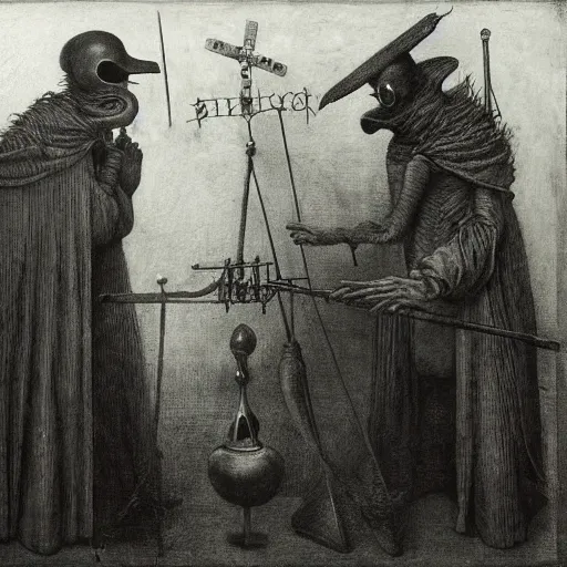 Image similar to plague doctors in the mist with weird rube goldberg machines, minimalist, joel peter witkin, heironymus bosch, gustave dore, beksinski, giger'