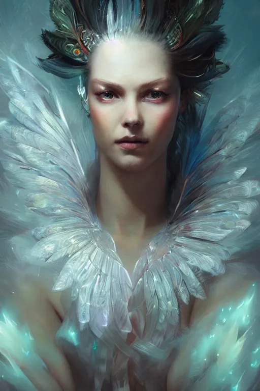 Image similar to beautiful model wearing ice feathers, diamonds, angel, fantasy, dramatic lighting, highly detailed, digital painting, holding electricity, magic the gathering, hyper detailed, 3 d render, hyper realistic detailed portrait, peter mohrbacher, wlop, ruan jia