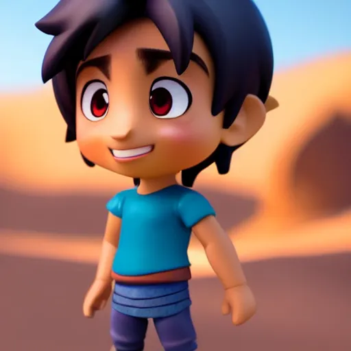 Image similar to profile view of young aladdin as nendoroid walking in a desert in the croods movie style, anime, disney, pixar, 8 k, hd, dof, kodak film, volumetric lighting, subsurface scattering, photorealistic, octane render, details