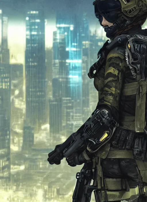 Prompt: Sonya. USN special forces operator looking at city skyline. Agent wearing Futuristic stealth suit. rb6s, MGS, and splinter cell Concept art by James Gurney, Alphonso Mucha.