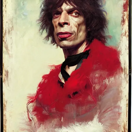 Image similar to Solomon Joseph Solomon and Richard Schmid and Jeremy Lipking victorian genre painting portrait painting of Mick Jagger in fantasy costume, red background