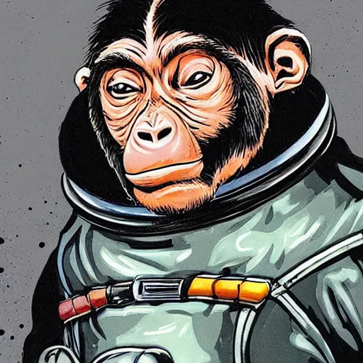 Image similar to “ portrait of a genetically modified chimp in a 1 9 5 0's space suit and leather jacket. he can project a bubble of oxygen that covers his head. he is flying through open space into a portal to another dimension. in the style of frank miller. ”