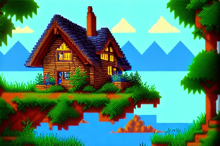 Prompt: view of a cottage above an azure lake, beautiful detailed pixelart by albertov in the style of quest for glory iii, intricate details, beautiful, dithered, gradients, volumetric lighting, cgsociety, artstation, 2 d