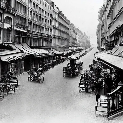 Prompt: une rue de paris vide avec des voitures garees, un restaurant avec une terrasse, des boutiques avec des neons, en debut de matinee en 1 9 1 5