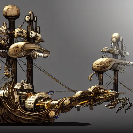 Prompt: future cybernetic steampunk pirate ship with robotic arms concept art