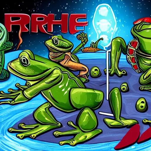 Prompt: frog-people battling martians, epic battle, red planet, laser weapons,