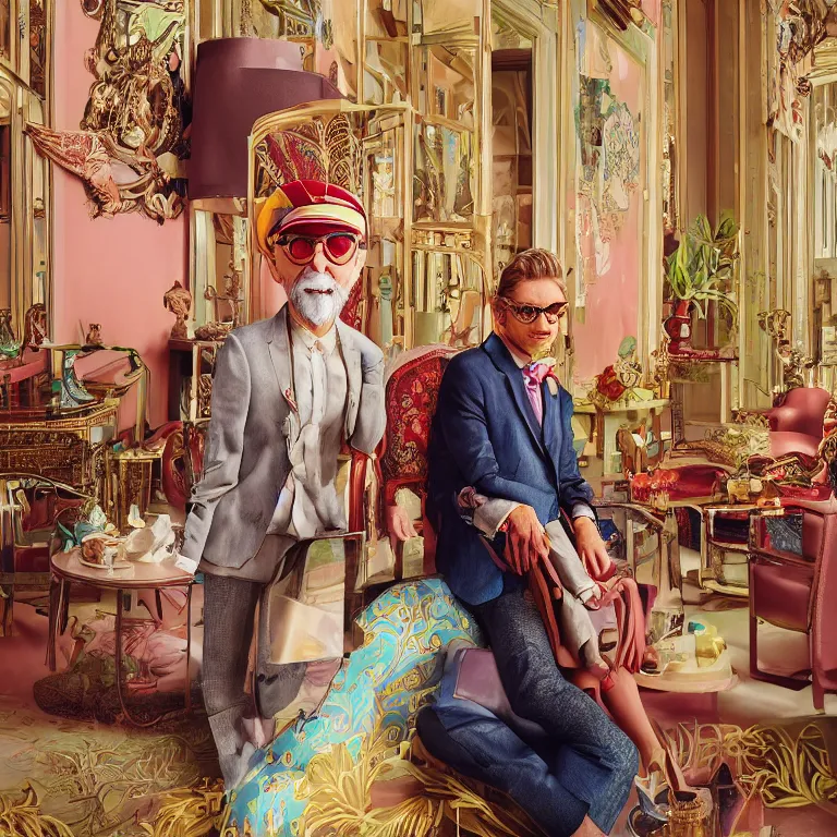 Prompt: vogue photoshoot octane render portrait by wayne barlow and carlo crivelli and glenn fabry, focus on an eccentric man in a bright colorful pastel wes anderson uniform and a vintage mask inside a high - end exotic vintage boutique hotel lounge, very short depth of field, bokeh