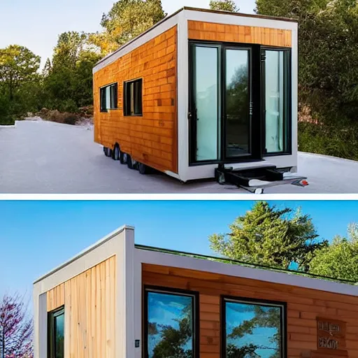 Prompt: a modern tiny home duplex with a pool in between