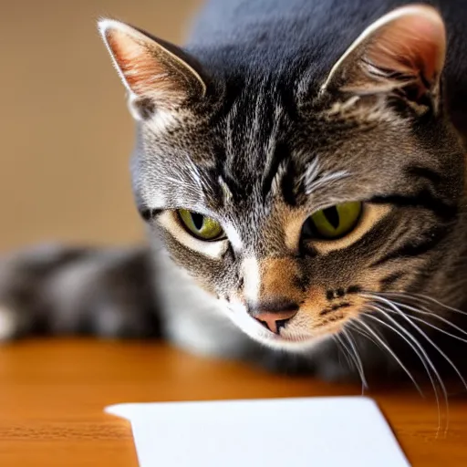 Image similar to a photo of a cat writing the word meow on a notepad