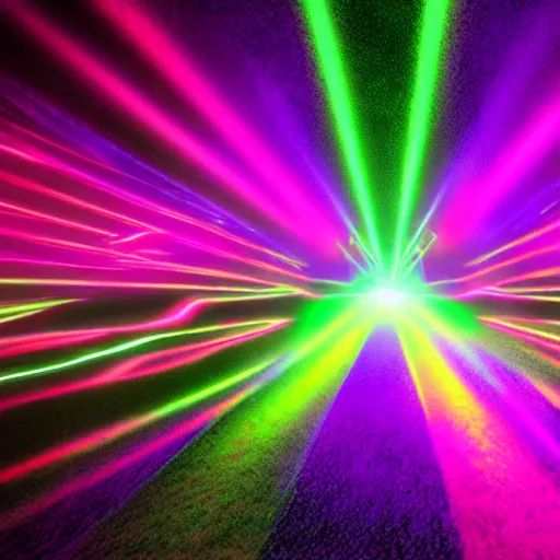 Image similar to Dance rave with psychedelic lasers and lighting, photorealistic digital art