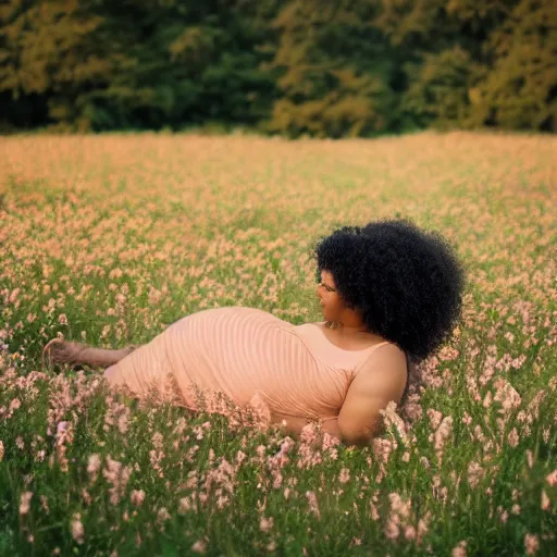 Image similar to pregnant black woman with curly hair in a vast field of flowers, laying down, a tiny black puppy running around, golden hour, vintage, impressionist painting, fine art, oil painting, dreamy, pastel, laughing, happy, intricate details, sharp, peaceful, serene