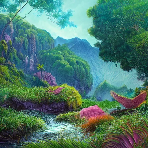 Image similar to beautiful detailed painting of a lush natural scene on a colourful alien planet by vincent bons. ultra sharp high quality digital render. detailed. beautiful landscape. weird vegetation. water. soft colour scheme. grainy.