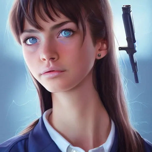 Image similar to portrait of a brunette thin teenager girl with blue eyes wearing school uniform, aims his spas-12 shotgun at you, light stubble, digital art,photorealistoc,art by greg rutkowski,hyperdetailed,western comic style,comic,comic style,sharp lineart,professional lighting,deviantart,artstation,trevor henderson,rossdtaws,cinematic,dramatic