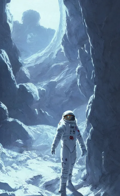 Prompt: a beautiful artwork illustration, concept art sketch of an astronaut in white futuristic cybernetic armor in front of a small cave entrance on the moon, volumetric fog, godrays, high contrast, vibrant colors, vivid colors, high saturation, by Greg Rutkowski and Jesper Ejsing and Raymond Swanland and alena aenami, featured on artstation, wide angle, vertical orientation